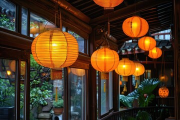 Beautiful A yellow Chinese lantern in restaurant roof