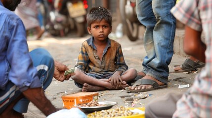 A poor Indian boy sat in the market begging.