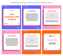 Microblog or carousel post template design for social media. Six page in portrait frame, seamless, minimalist flat style with purple, pink and orange color theme. © rendsign
