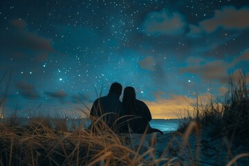 A couple stargazing under the summer night sky.