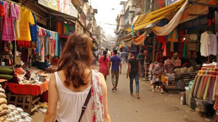 A female tourist traveling alone goes on a trip. Walking through the street market