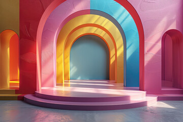Surreal architectural interior design with colorful arches and stairs. Created with Ai