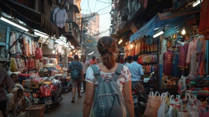 Obraz premium A female tourist traveling alone goes on a trip. Walking through the street market