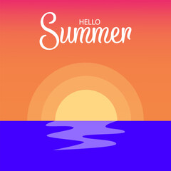 Summer vector background design. Hello Summer text on beach. Flat Vector illustration tropical season greeting background.