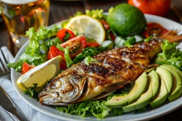Fried tilapia with salad beer and lemons in a Mexican restaurant