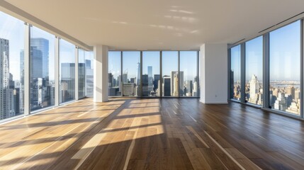 The spacious, empty apartment has parquet floors and floor-to-ceiling windows that offer panoramic views of the city skyline.
