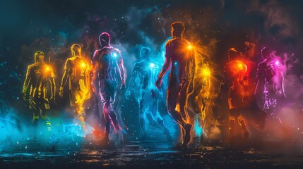 A visually striking image of a crowd with glowing effects, showcasing vibrant colors and dynamic movement in a festive atmosphere.