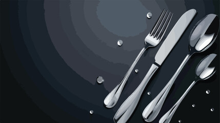 Silver cutlery on dark table background Vector illustration