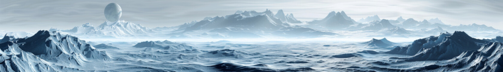 A panoramic alien landscape with icy mountains under a space sky, digital artwork on a blue background, evoking a sci-fi concept. Generative AI