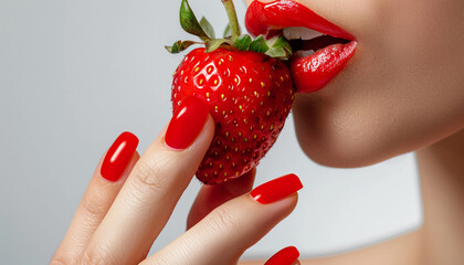 womans lips and red nails biting into juicy strawberry, AI Generative.