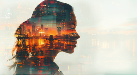 A woman's silhouette with a double exposure cityscape, warm tones, and conceptual urban life. Generative AI