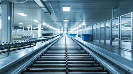 Fototapeta premium Empty conveyor belt in a modern factory interior, with a clean metallic look and blue bins in the background, depicting automation in industry. Generative AI