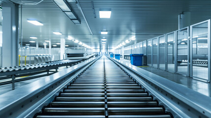 Empty conveyor belt in a modern factory interior, with a clean metallic look and blue bins in the background, depicting automation in industry. Generative AI