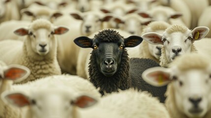 Fototapeta premium The concept of black sheep in a flock of white sheep.