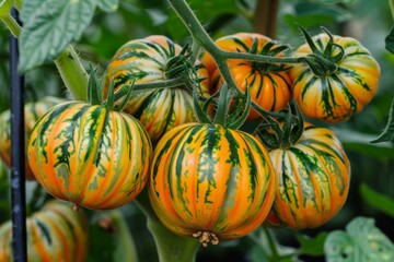 Green zebra tomato plants in greenhouse background vegetables