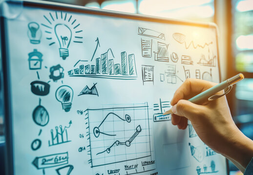 A man's hand drawing a doodle of a light bulb and graphs on a whiteboard, representing a startup concept, with light indoor background. Generative AI