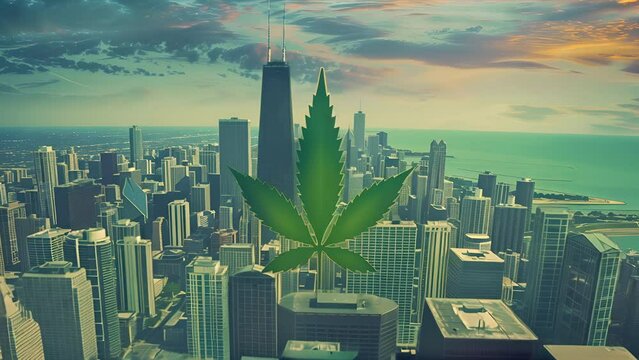 High angle shot pushing towards a marijuana leaf floating over Chicago skyscrapers during the day. Logo or background for Chicago based cannabis products company.