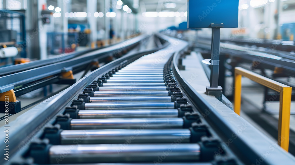 Poster a conveyor belt system inside a factory with a blur effect, showing the movement within the industri