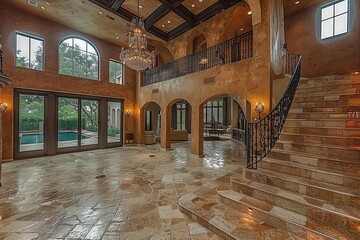 Opulent Chandelier: Luxurious Staircase in a Grand Entrance Hall with Soaring Ceilings