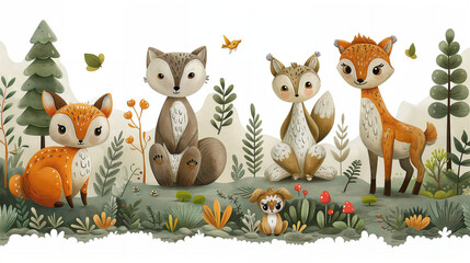 Forest Adventure: Design Concept: Cartoon animals in their daily life and adventures in the forest. Style: Saturated greens and browns, with elements like trees, streams, and hills.