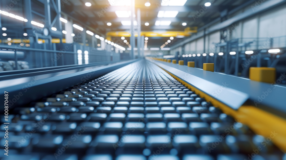 Poster an empty conveyor belt in a factory setting with a modern industrial look and bright interior lighti