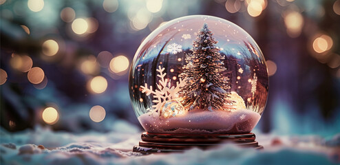 Winter snow globe with Christmas tree, AI Generative.