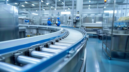 Naklejka premium Photo of an industrial factory with a conveyor belt, workers in the background, clear blue tones, concept of modern production line. Generative AI