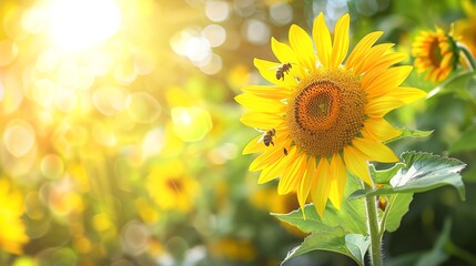 Sunflower with bees, lively garden background in soft focus, action shot for an environmental magazine, bright afternoon light