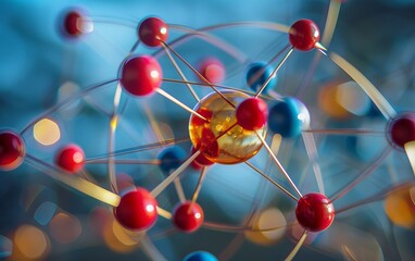 This close-up image captures a colorful molecular model's intricate details with a golden nucleus and transparent links
