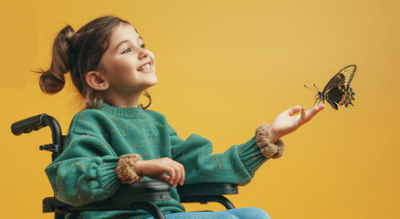 A young girl in an indoor wheelchair is holding out her hand to the butterfly that has landed on it, looking at and smiling with wonder at the butterfly on her hand.