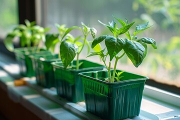 Growing bell pepper seedlings in green container on window sill with garden tools Organic gardening at home
