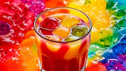 The refreshing juice with ice on a bright multi colored background