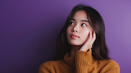 Close-up thoughtful cute asian girl dreamy standing purple background Ai generated