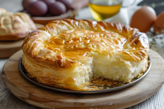 Homemade Bulgarian banitsa with feta cheese made with organic eggs and phyllo pastry from a bakery