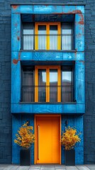 Fototapeta na wymiar A striking architectural image featuring a vibrant blue building facade with contrasting orange details