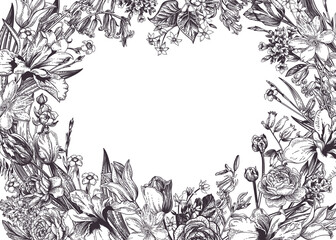 Blooming. Spring invitation card with garden flowers. Horizontal. Iris, tulip, bell, ranunculus, forest anemone, lilac. Black drawing. Sketch style.