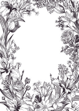 Floral frame with spring plants. Graphic natural background. Black drawing.
