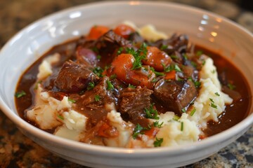 Homemade French beef stew with mashed potatoes