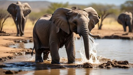  A baby elephant playfully splashing water with its trunk in a pristine watering hole. - obrazy, fototapety, plakaty
