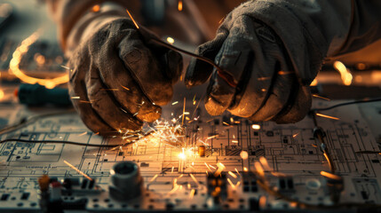 Professional electrician in protective gloves soldering wires on a circuit board with blueprints in background.