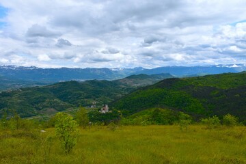 View of Vipava valley and Trnovo forest plateau and Rihemberk castle bellow from Kras in Primorska, Slovenia - obrazy, fototapety, plakaty