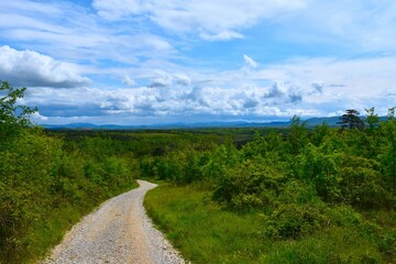 Gravel road leading downhill with Kras plateau in the background with white clouds and blue sky in...