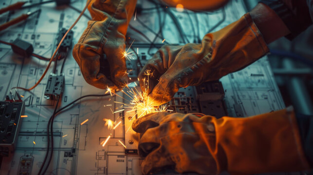 Skilled worker with gloves soldering electrical components on a board, intricate blueprints spread out below.