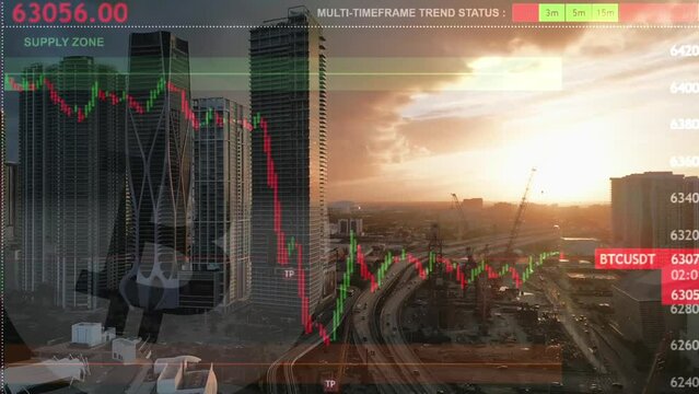 Bitcoin logo stock market motion graphic above Miami USA Crypto City Drone Sky sunset background, skyscraper downtown buildings