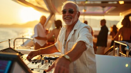 A rich, senior man is partying with friends on a yacht in summer. - Powered by Adobe