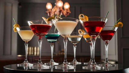 Different martini cocktails on table in bar closeup