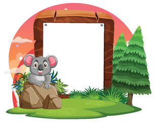 Cartoon koala sitting by a wooden sign outdoors.