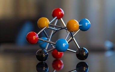 Close-up of a molecule model with connected spheres in red, blue, yellow, and black on a shiny surface