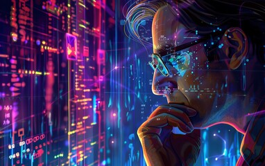 Bright neon colors and digital cyber elements make this cyberpunk portrait striking, excluding blurred face - obrazy, fototapety, plakaty