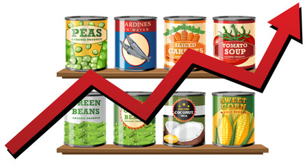 Various canned goods displayed with a rising arrow